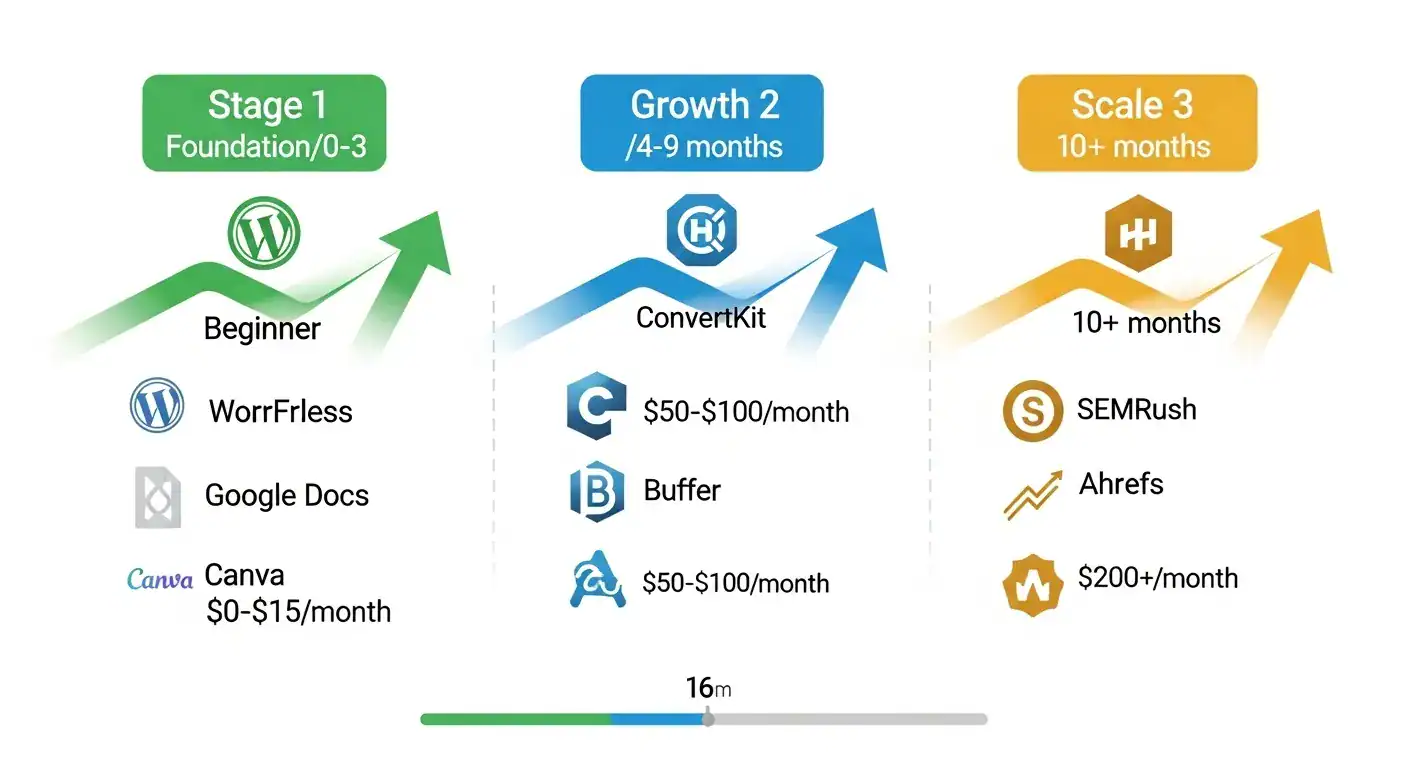 Business growth stages timeline with tools: foundation, growth, and scale.